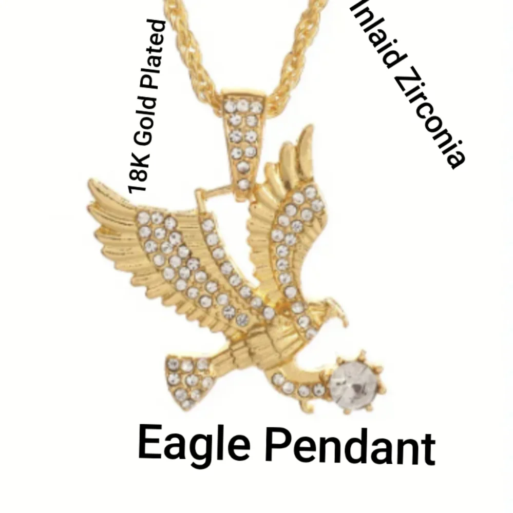 🆕Stainless Steel 18K Gold Plated w/Inlaid Cubic Zirconia Eagle Pendant